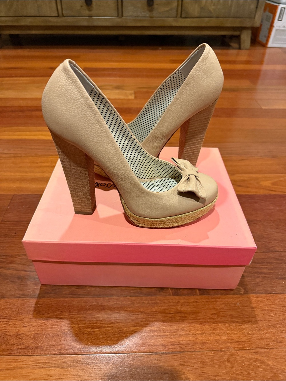Betsey Johnson Beige Peep-Toe Platform Heels with Bow